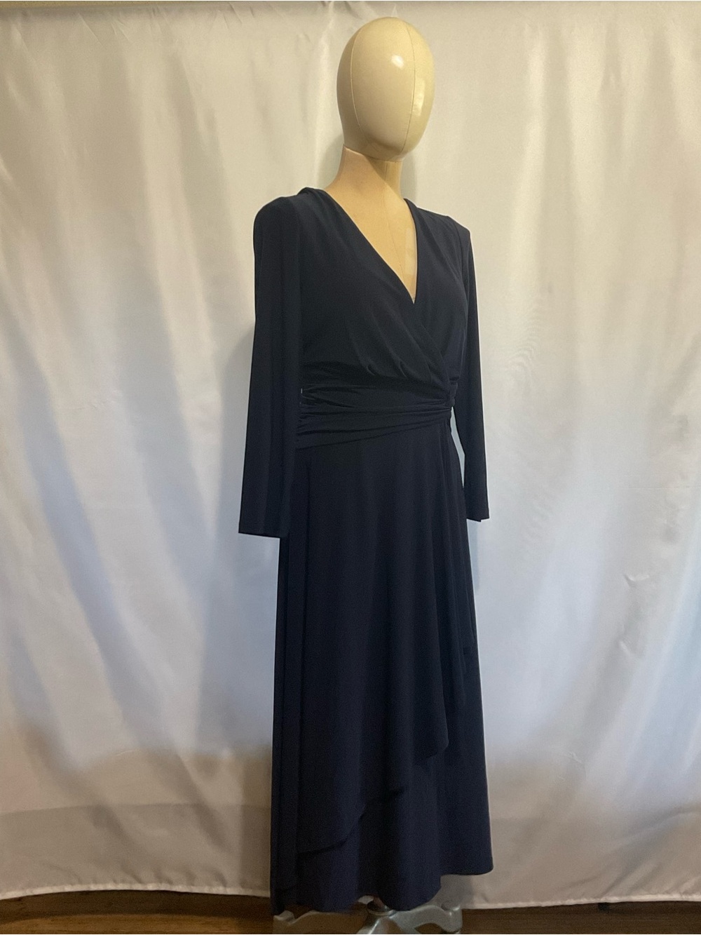 Eliza J Navy Blue Faux Wrap Maxi Dress Size 14 NWT 3/4 Sleeve Ruched Waist Forma - Picture 3 of 9